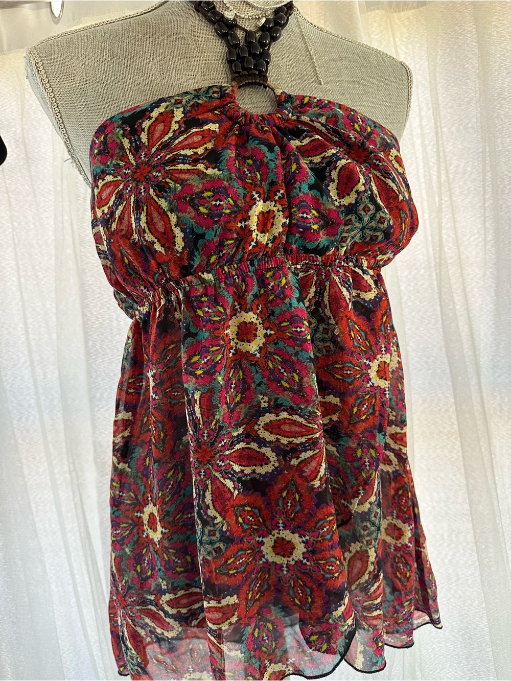 No Boundaries Red Multi Floral Halter Tunic with Ring